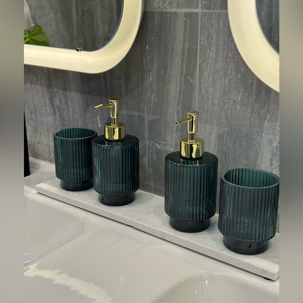 One Green Glass Soap Dispenser with Brass Hardware